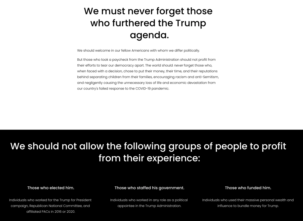 Captura de tela do website do Trump Accountability Project, que compila lista de apoiadores do presidente Trump para retaliação futura.