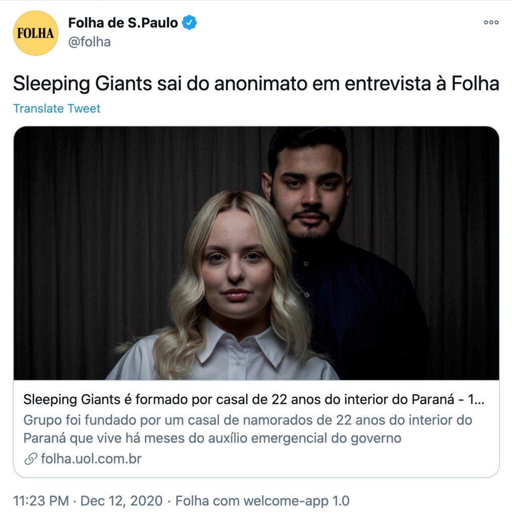 Casal de estudantes se apresenta como responsáveis pelo Sleeping Giants Brasil